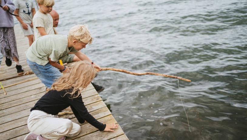 Børn fisker efter krabber ved stranden