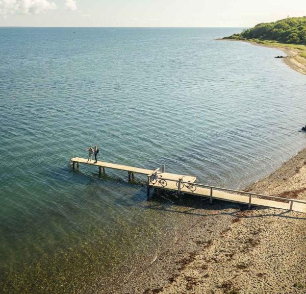 Cykelturister står og kigger ud over vandet på stranden ved Trelde Næs