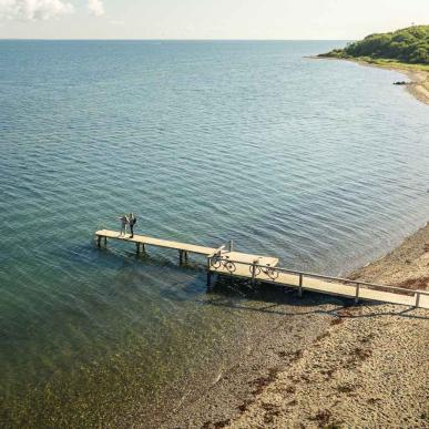Cykelturister står og kigger ud over vandet på stranden ved Trelde Næs